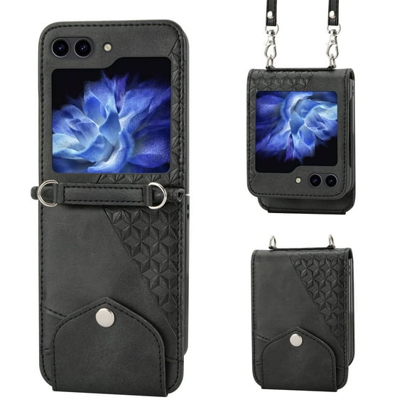 Crossbody for Samsung Galaxy Z Flip 6 Slim Wallet Case with ID Credit Card Slots & Shoulder Strap,Shockproof PU Leather Magnetic Closure Folio Flip Kickstand Protective Phone Cover,Black