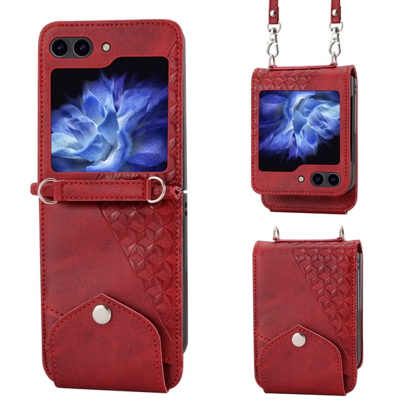 Crossbody for Samsung Galaxy Z Flip 6 Slim Wallet Case with ID Credit Card Slots & Shoulder Strap,Shockproof PU Leather Magnetic Closure Folio Flip Kickstand Protective Phone Cover,Red