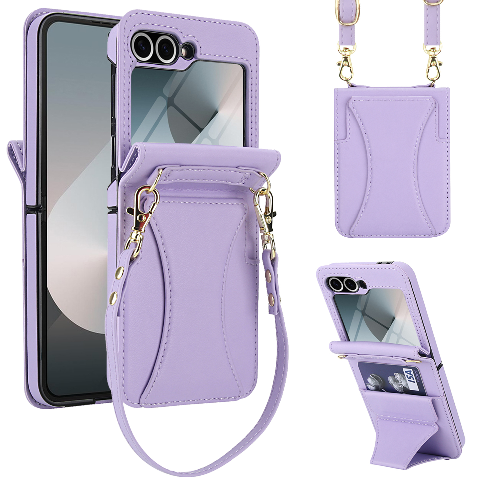 Crossbody For Samsung Galaxy Z Flip 7 Wallet Case with Hidden Kickstand, Credit Card Holder for Samsung Galaxy Z Flip 7 Case Built-in Screen Protector, Shoulder Strap & Lanyard Phone Case,Purple