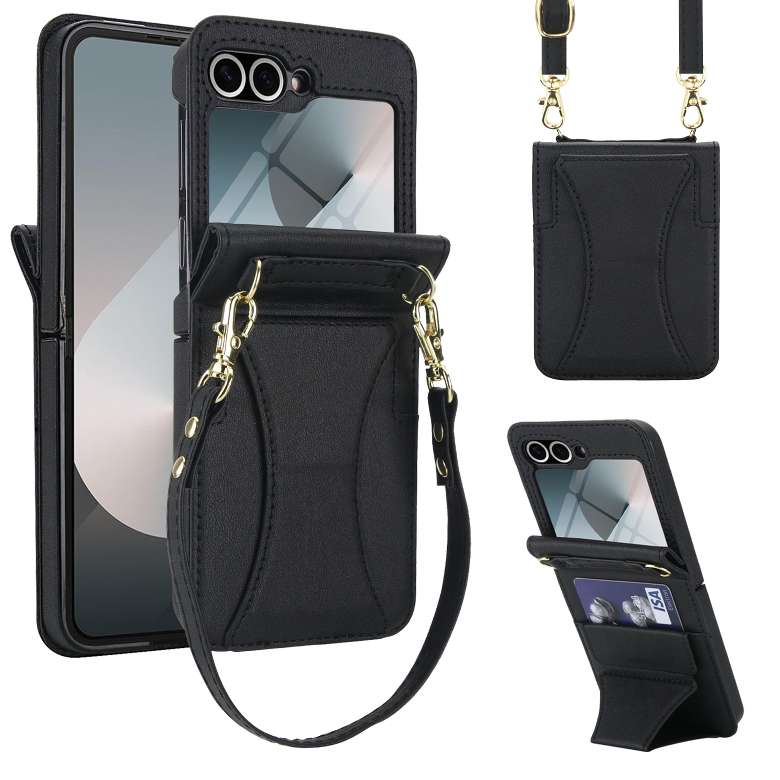 Crossbody For Samsung Galaxy Z Flip 7 Wallet Case with Hidden Kickstand, Credit Card Holder for Samsung Galaxy Z Flip 7 Case Built-in Screen Protector, Shoulder Strap & Lanyard Phone Case,Black