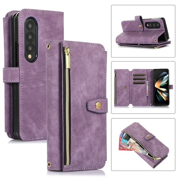 Crossbody for Samsung Galaxy Z Fold 3 Wallet Case with Zipper Pouch,Magnetic PU Leather [Shoulder Strap & Wrist Lanyard] Flip Folio Kickstand Credit Card Holder Slot Shockproof Phone Case, Purple