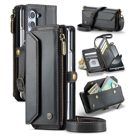 Crossbody for Samsung Galaxy Z Fold 6 Case Wallet?RFID Blocking?with Card Holder Zipper Bills Slot & S Pen Holder, Soft PU Leather Magnetic Shoulder Wrist Strap Wallet Case Women, Black