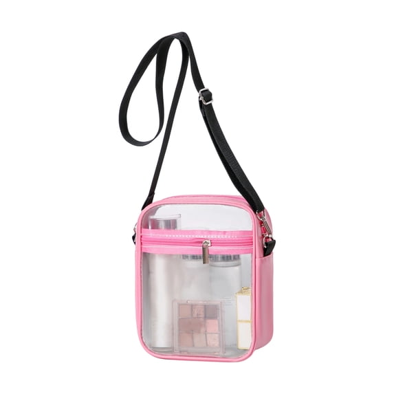 Crossbody Shoulder Bag, Clear PVC Small Square Messenger Tote for Stadium Events Travel Work Security Approved Transparent Fashion Purse for Adults Women Men. Pink