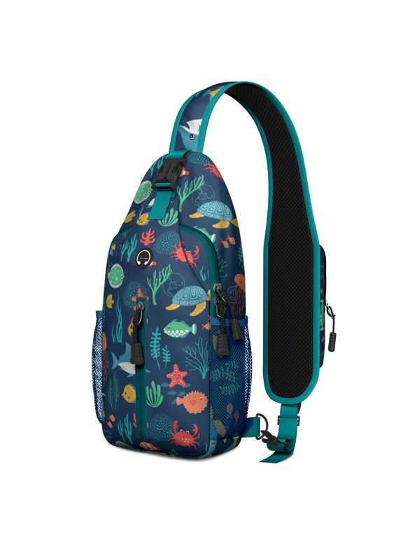 Crossbody Sling Backpack for Women Men Fish Turtle Jellyfish Crab Dark Blue Shoulder Sling Crossbody Casual Chest Bag for Travel Sports Running Hiking