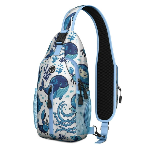 Crossbody Sling Backpack for Women Men Whale Octopus Sea Life Nautical Blue Shoulder Sling Crossbody Casual Chest Bag for Travel Sports Running Hiking