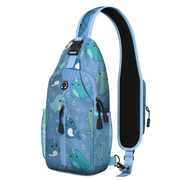Crossbody Sling Backpack for Women Men Cute Narwhal Baby Blue Sea Shoulder Sling Crossbody Casual Chest Bag for Travel Sports Running Hiking
