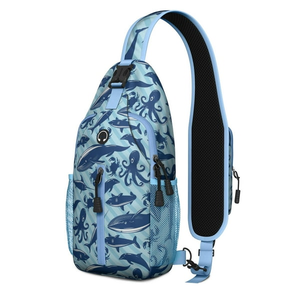 Crossbody Sling Backpack for Women Men Sea Animals Blue Striped Shoulder Sling Crossbody Casual Chest Bag for Travel Sports Running Hiking