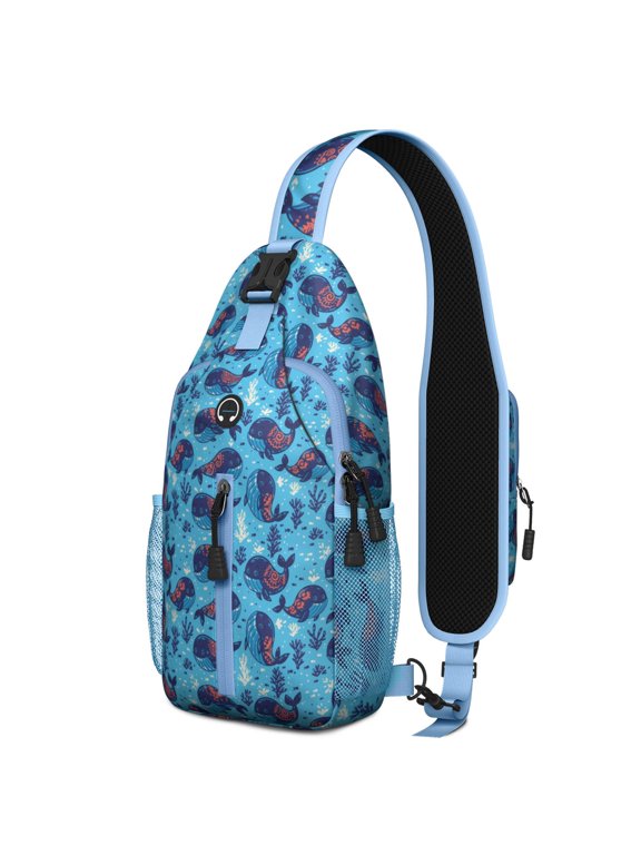 Crossbody Sling Backpack for Women Men Whale Pattern with Tribal Ornament Shoulder Sling Crossbody Casual Chest Bag for Travel Sports Running Hiking