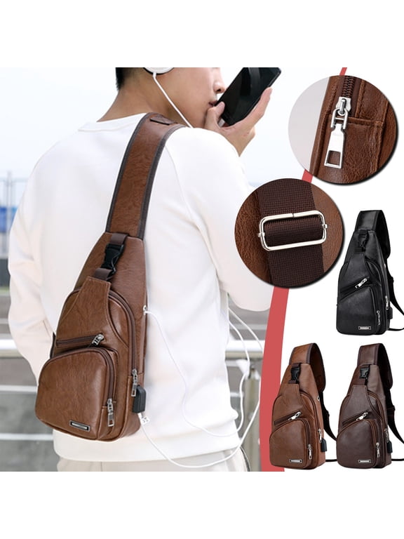 Crossbody Sling Bag for Women & Men, Leather Shoulder Bag with USB Charge Port, Chest Bag Sling Backpack for Hiking, Travel, Camping, Work