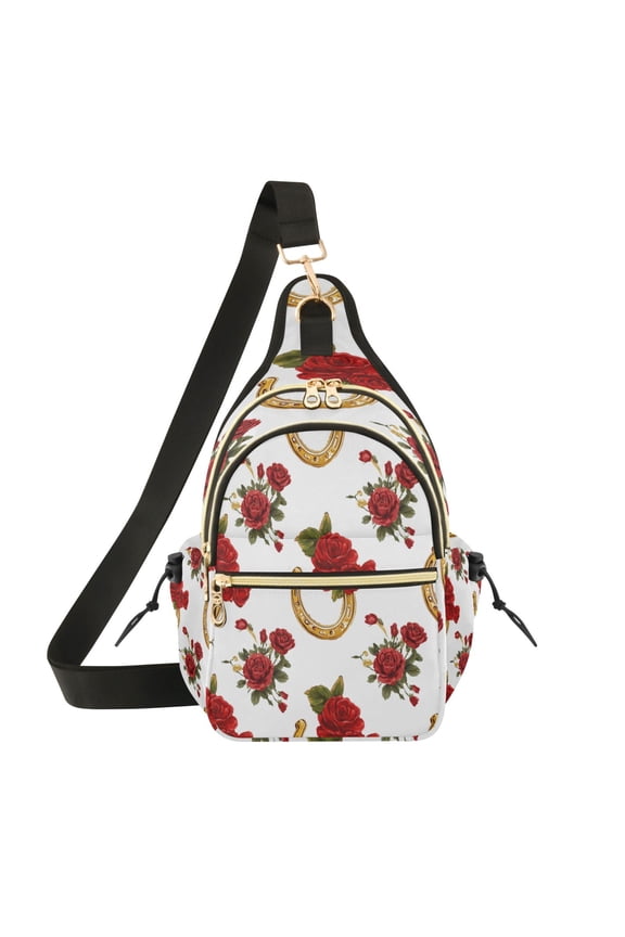 Crossbody Sling Bag for Women Shoulder Purse Trendy Daypack with Adjustable Strap Horseshoe Pattern with Red Roses