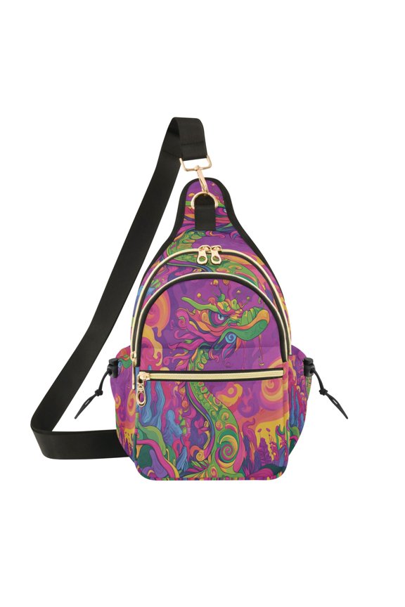 Crossbody Sling Bag for Women Shoulder Purse Trendy Daypack with Adjustable Strap Psychedelic Cartoon Dragon