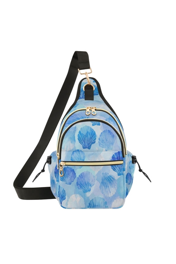 Crossbody Sling Chest Bag, Water-Resistant Polyester Shoulder Bag with Multi Compartment, Adjustable Strap Casual Daypack for Travel Commute Daily Use Blue Scallop Shells Watercolor Print