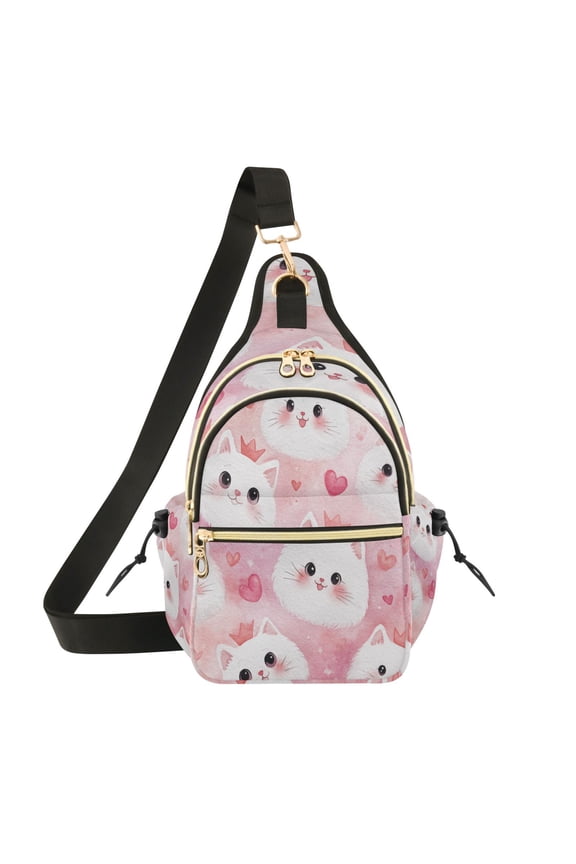 Crossbody Sling Chest Bag, Water-Resistant Polyester Shoulder Bag with Multi Compartment, Adjustable Strap Casual Daypack for Travel Commute Daily Use Cat Faces and Pink Hearts