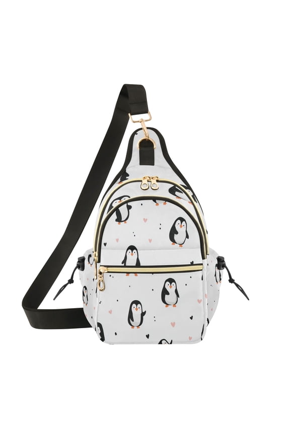 Crossbody Sling Chest Bag, Water-Resistant Polyester Shoulder Bag with Multi Compartment, Adjustable Strap Casual Daypack for Travel Commute Daily Use Charming Penguin Doodle Pattern