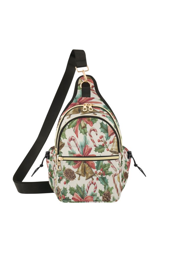 Crossbody Sling Chest Bag, Water-Resistant Polyester Shoulder Bag with Multi Compartment, Adjustable Strap Casual Daypack for Travel Commute Daily Use Christmas Bells Pattern