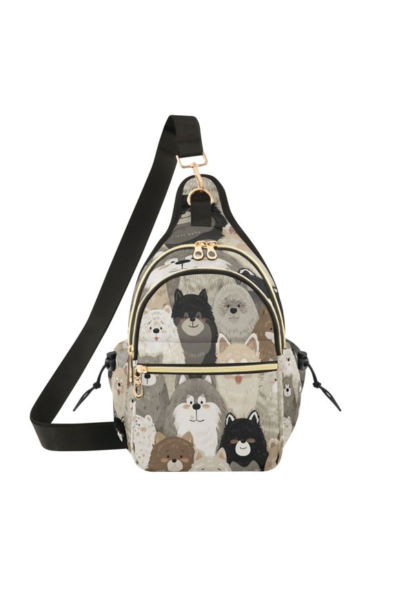 Crossbody Sling Chest Bag, Water-Resistant Polyester Shoulder Bag with Multi Compartment, Adjustable Strap Casual Daypack for Travel Commute Daily Use Cute Fluffy Fur Family
