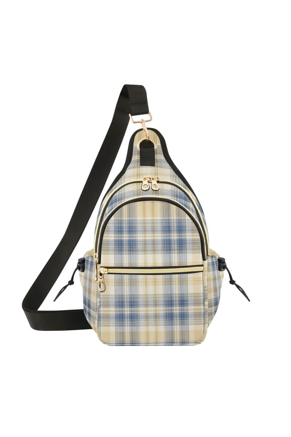 Crossbody Sling Chest Bag, Water-Resistant Polyester Shoulder Bag with Multi Compartment, Adjustable Strap Casual Daypack for Travel Commute Daily Use Deep Blue and Yellow Tartan