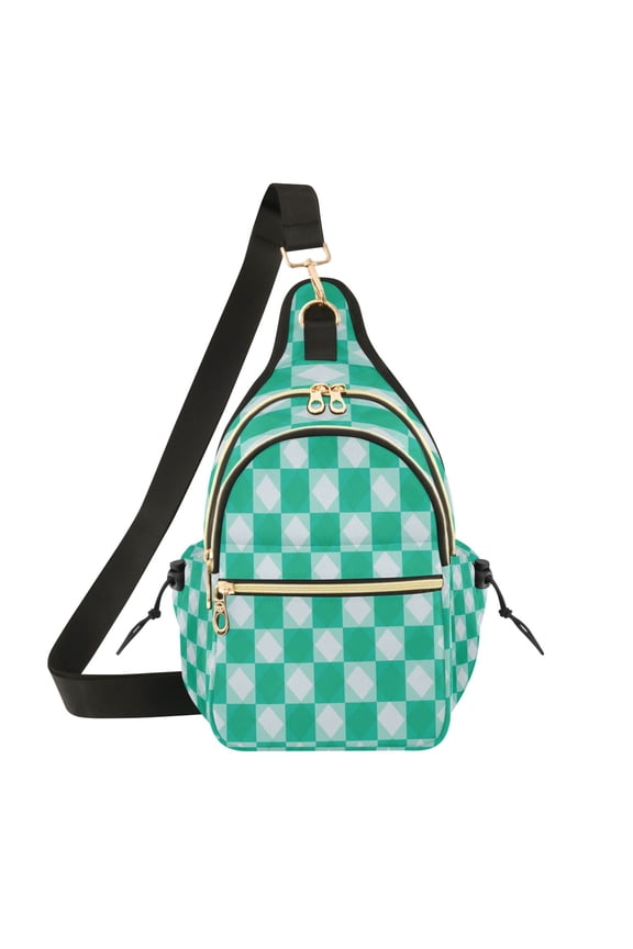Crossbody Sling Chest Bag, Water-Resistant Polyester Shoulder Bag with Multi Compartment, Adjustable Strap Casual Daypack for Travel Commute Daily Use Emerald Green Squares