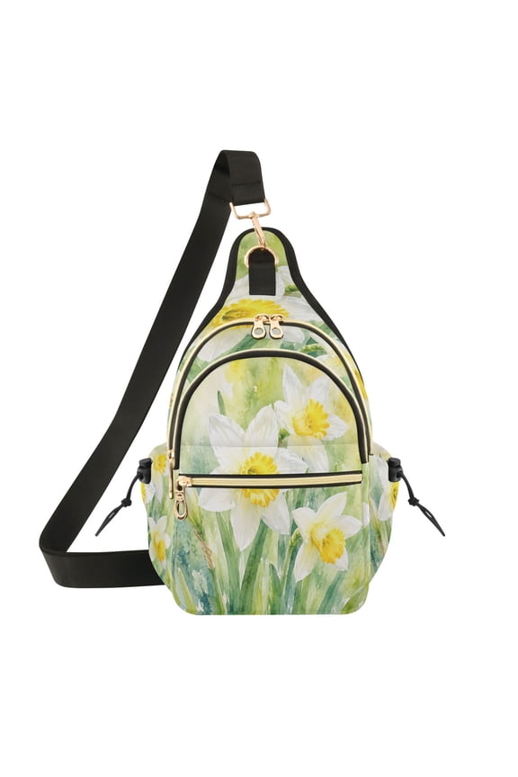 Crossbody Sling Chest Bag, Water-Resistant Polyester Shoulder Bag with Multi Compartment, Adjustable Strap Casual Daypack for Travel Commute Daily Use Fresh Yellow Daffodil Blooms