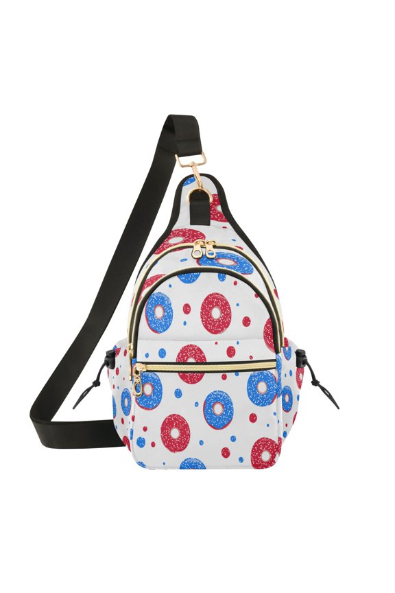 Crossbody Sling Chest Bag, Water-Resistant Polyester Shoulder Bag with Multi Compartment, Adjustable Strap Casual Daypack for Travel Commute Daily Use Fun Red Blue Donut Print