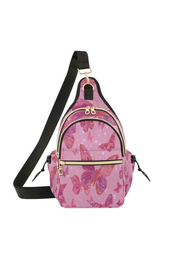 Crossbody Sling Chest Bag, Water-Resistant Polyester Shoulder Bag with Multi Compartment, Adjustable Strap Casual Daypack for Travel Commute Daily Use Glittering Sequin Butterfly