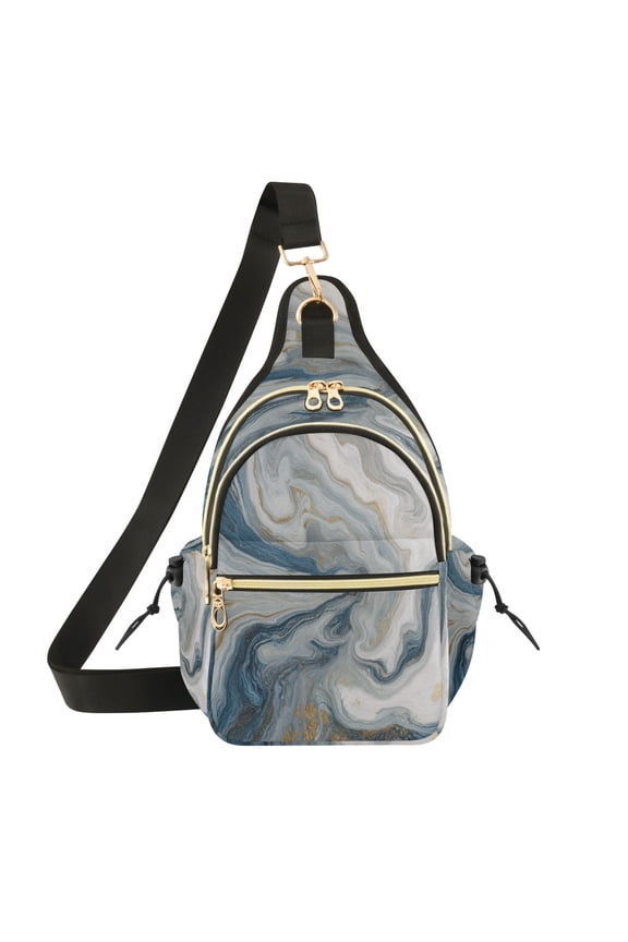 Crossbody Sling Chest Bag, Water-Resistant Polyester Shoulder Bag with Multi Compartment, Adjustable Strap Casual Daypack for Travel Commute Daily Use Gray Marble