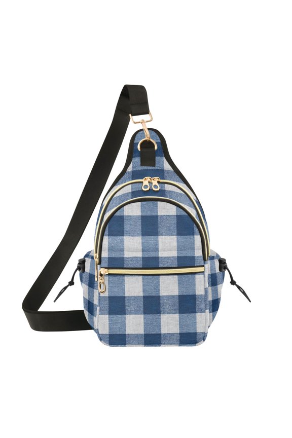 Crossbody Sling Chest Bag, Water-Resistant Polyester Shoulder Bag with Multi Compartment, Adjustable Strap Casual Daypack for Travel Commute Daily Use Gray-blue Checkered
