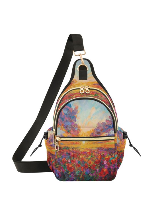 Crossbody Sling Chest Bag, Water-Resistant Polyester Shoulder Bag with Multi Compartment, Adjustable Strap Casual Daypack for Travel Commute Daily Use Impasto Poppy Field Art