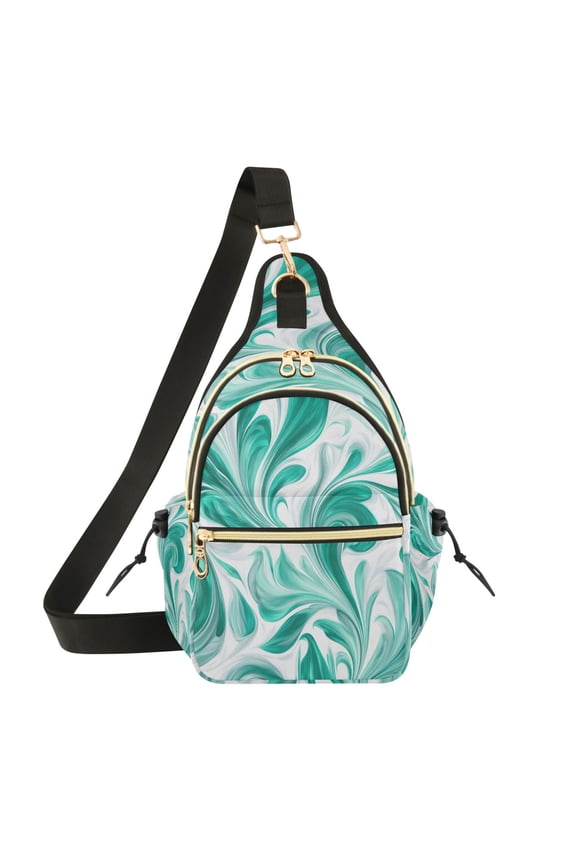 Crossbody Sling Chest Bag, Water-Resistant Polyester Shoulder Bag with Multi Compartment, Adjustable Strap Casual Daypack for Travel Commute Daily Use Jade Green Marble Pattern