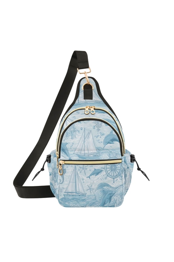 Crossbody Sling Chest Bag, Water-Resistant Polyester Shoulder Bag with Multi Compartment, Adjustable Strap Casual Daypack for Travel Commute Daily Use Light Blue Dolphins Nautical Pattern