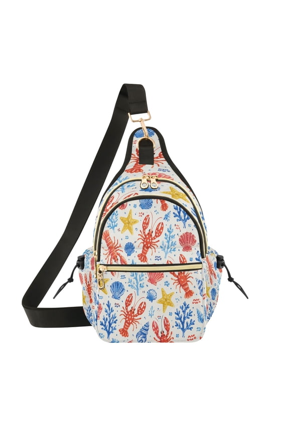 Crossbody Sling Chest Bag, Water-Resistant Polyester Shoulder Bag with Multi Compartment, Adjustable Strap Casual Daypack for Travel Commute Daily Use Lobster Seamless Ocean Pattern