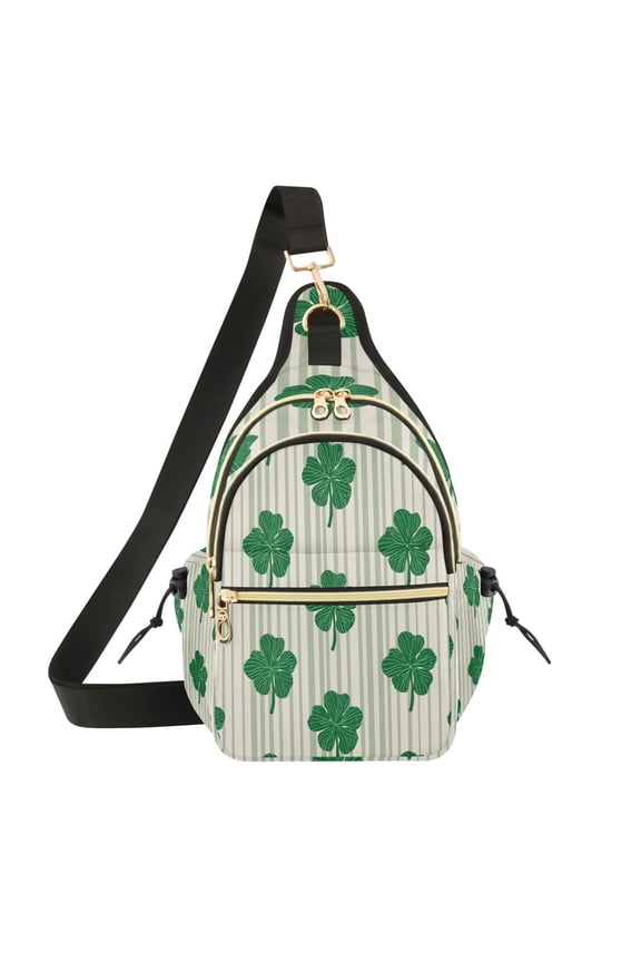 Crossbody Sling Chest Bag, Water-Resistant Polyester Shoulder Bag with Multi Compartment, Adjustable Strap Casual Daypack for Travel Commute Daily Use Lucky Four-leaf Stripes