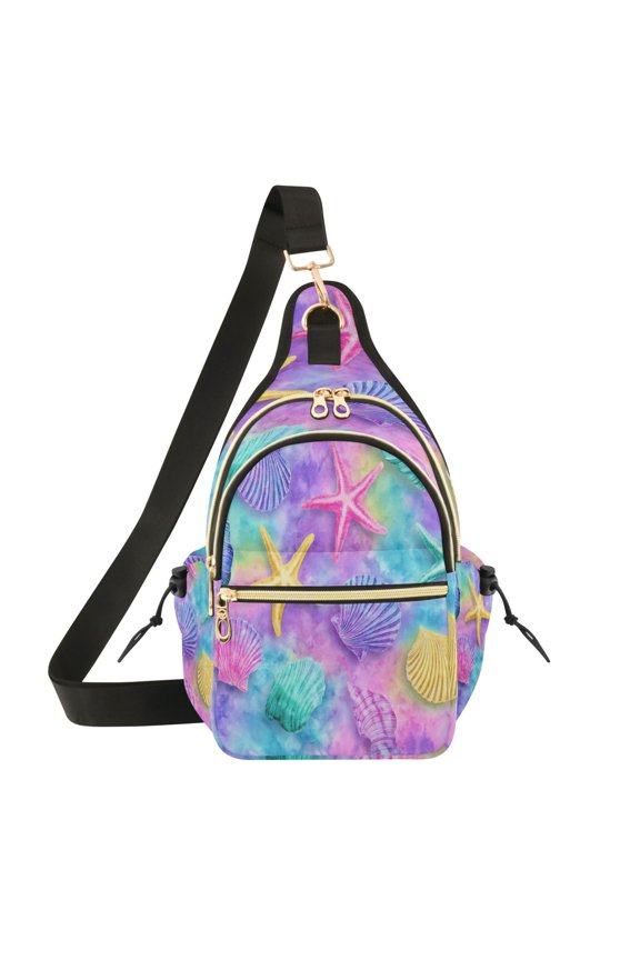 Crossbody Sling Chest Bag, Water-Resistant Polyester Shoulder Bag with Multi Compartment, Adjustable Strap Casual Daypack for Travel Commute Daily Use Magical Seashell Wonderland