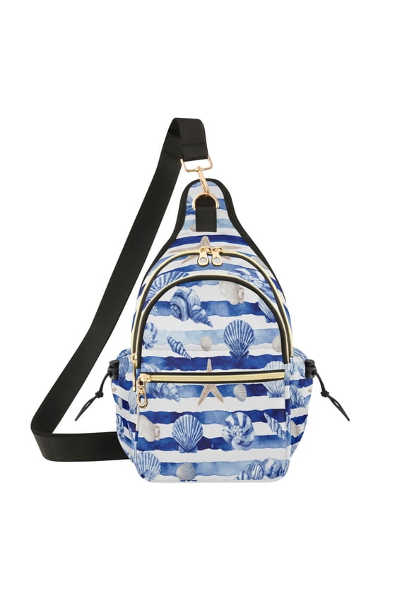 Crossbody Sling Chest Bag, Water-Resistant Polyester Shoulder Bag with Multi Compartment, Adjustable Strap Casual Daypack for Travel Commute Daily Use Ocean Stripes Shells Artwork