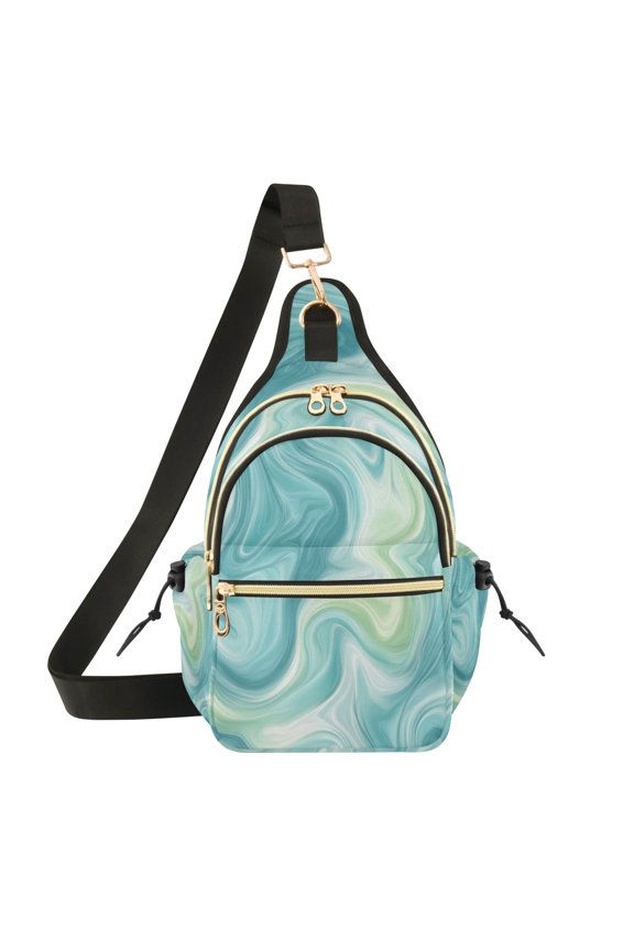 Crossbody Sling Chest Bag, Water-Resistant Polyester Shoulder Bag with Multi Compartment, Adjustable Strap Casual Daypack for Travel Commute Daily Use Oceanic Liquid Marble Design