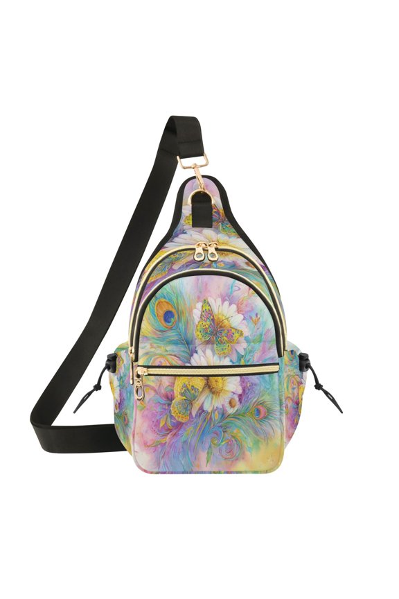 Crossbody Sling Chest Bag, Water-Resistant Polyester Shoulder Bag with Multi Compartment, Adjustable Strap Casual Daypack for Travel Commute Daily Use Peacock Feathers Art Pattern