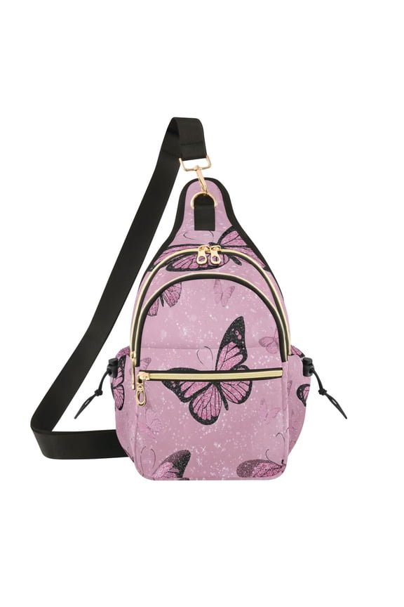 Crossbody Sling Chest Bag, Water-Resistant Polyester Shoulder Bag with Multi Compartment, Adjustable Strap Casual Daypack for Travel Commute Daily Use Pink Sequin Butterfly