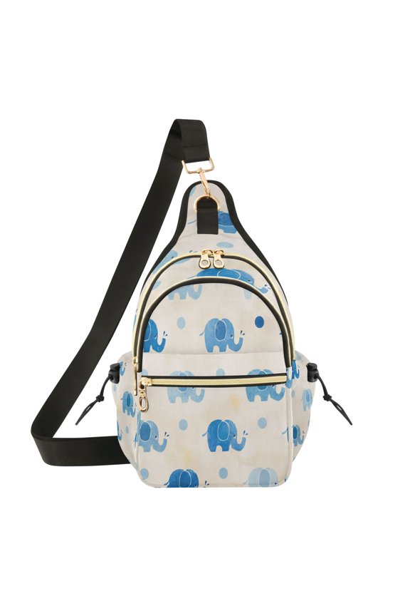 Crossbody Sling Chest Bag, Water-Resistant Polyester Shoulder Bag with Multi Compartment, Adjustable Strap Casual Daypack for Travel Commute Daily Use Playful Blue Elephants