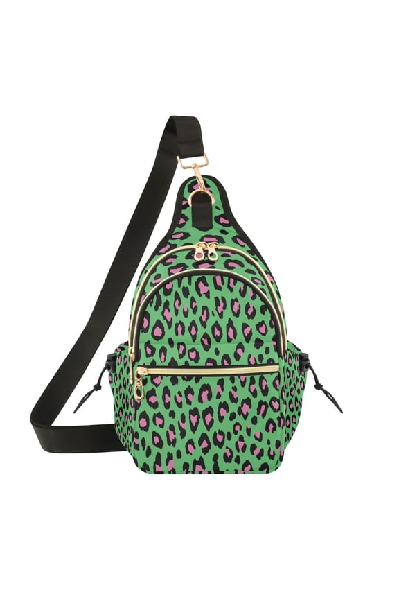 Crossbody Sling Chest Bag, Water-Resistant Polyester Shoulder Bag with Multi Compartment, Adjustable Strap Casual Daypack for Travel Commute Daily Use Powder Green Retro Leopard Print