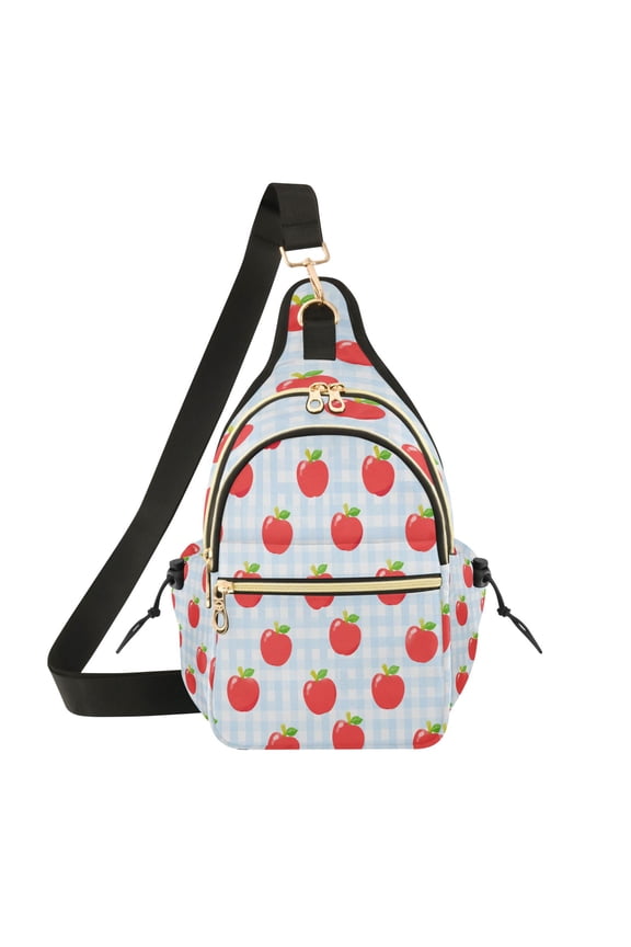 Crossbody Sling Chest Bag, Water-Resistant Polyester Shoulder Bag with Multi Compartment, Adjustable Strap Casual Daypack for Travel Commute Daily Use Red Apple Blue Gingham Pattern
