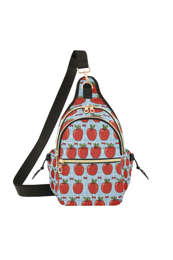 Crossbody Sling Chest Bag, Water-Resistant Polyester Shoulder Bag with Multi Compartment, Adjustable Strap Casual Daypack for Travel Commute Daily Use Red Apple Gingham Print