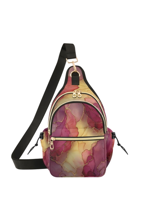 Crossbody Sling Chest Bag, Water-Resistant Polyester Shoulder Bag with Multi Compartment, Adjustable Strap Casual Daypack for Travel Commute Daily Use Red Marble Pattern