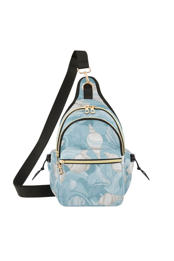 Crossbody Sling Chest Bag, Water-Resistant Polyester Shoulder Bag with Multi Compartment, Adjustable Strap Casual Daypack for Travel Commute Daily Use Seashells and Sea Waves Pattern