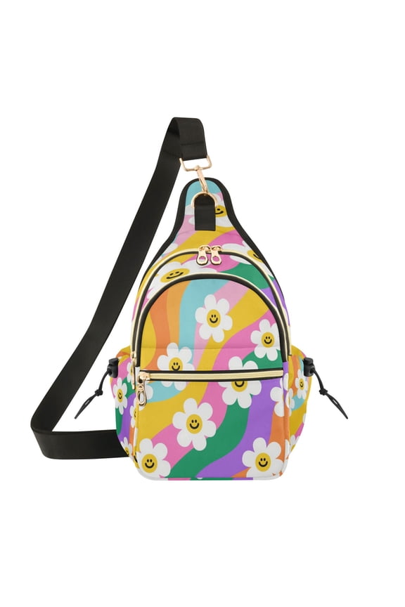 Crossbody Sling Chest Bag, Water-Resistant Polyester Shoulder Bag with Multi Compartment, Adjustable Strap Casual Daypack for Travel Commute Daily Use Smiley Daisy on Rainbow Background