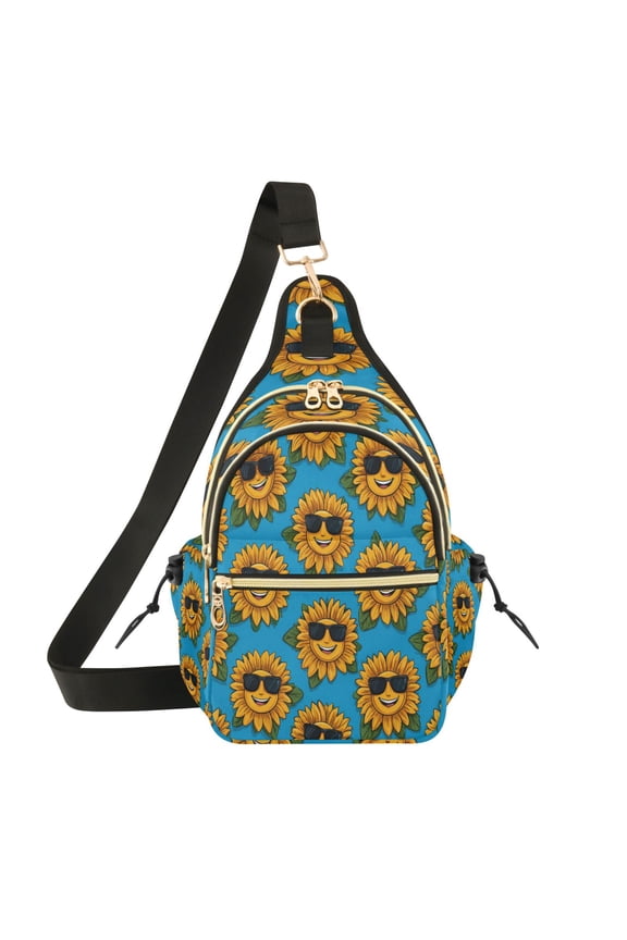 Crossbody Sling Chest Bag, Water-Resistant Polyester Shoulder Bag with Multi Compartment, Adjustable Strap Casual Daypack for Travel Commute Daily Use Smiley Sunglasses Sunflowers