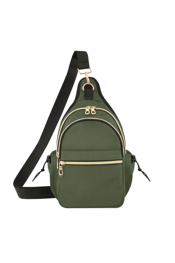 Crossbody Sling Chest Bag, Water-Resistant Polyester Shoulder Bag with Multi Compartment, Adjustable Strap Casual Daypack for Travel Commute Daily Use Solid Olive Green Color Tone
