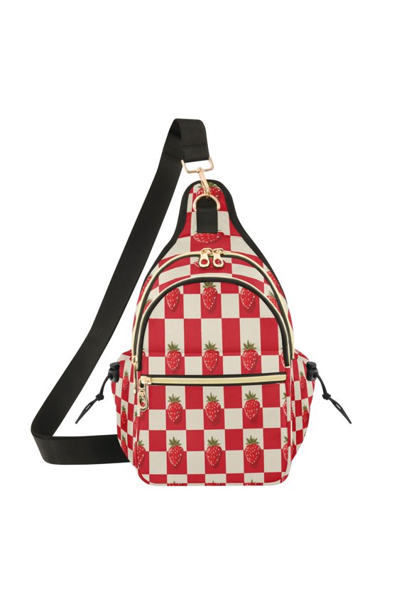 Crossbody Sling Chest Bag, Water-Resistant Polyester Shoulder Bag with Multi Compartment, Adjustable Strap Casual Daypack for Travel Commute Daily Use Strawberries Checkered Tablecloth
