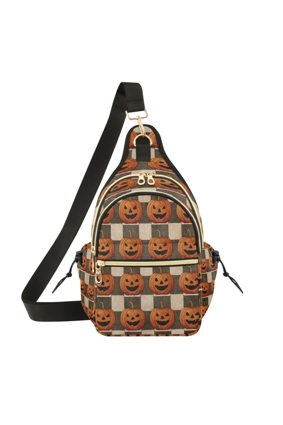 Crossbody Sling Chest Bag, Water-Resistant Polyester Shoulder Bag with Multi Compartment, Adjustable Strap Casual Daypack for Travel Commute Daily Use Striped Wicked Pumpkins