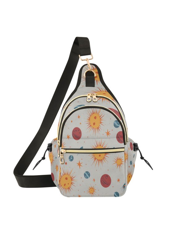 Crossbody Sling Chest Bag, Water-Resistant Polyester Shoulder Bag with Multi Compartment, Adjustable Strap Casual Daypack for Travel Commute Daily Use Sun and Rocket Pattern
