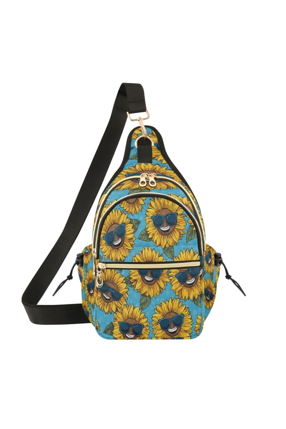 Crossbody Sling Chest Bag, Water-Resistant Polyester Shoulder Bag with Multi Compartment, Adjustable Strap Casual Daypack for Travel Commute Daily Use Sunglasses Smiley Sunflowers